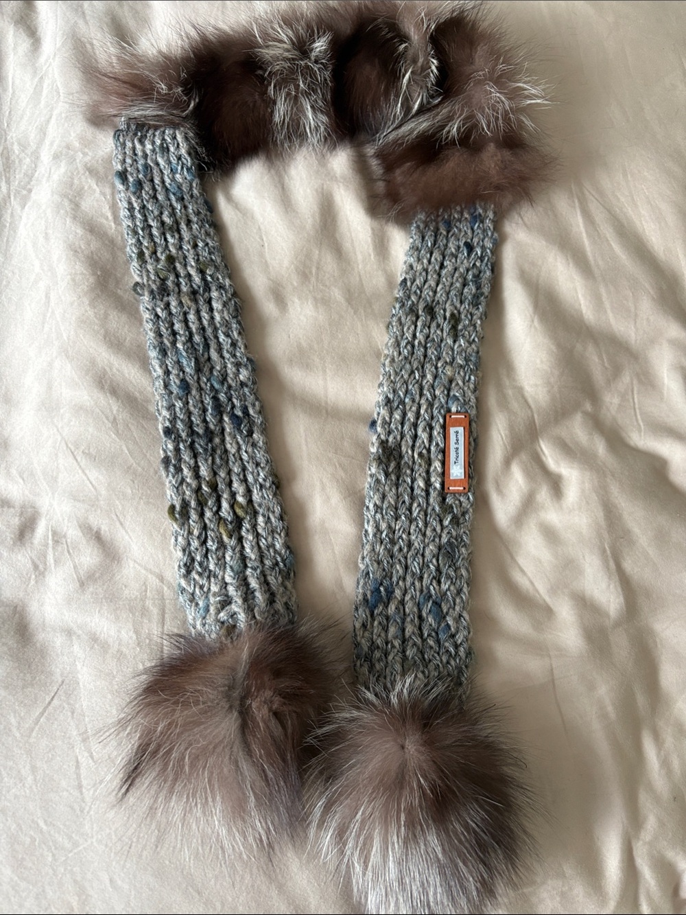 Recycled Fur-Trim Chunky Knit Scarf in Gray and Brown